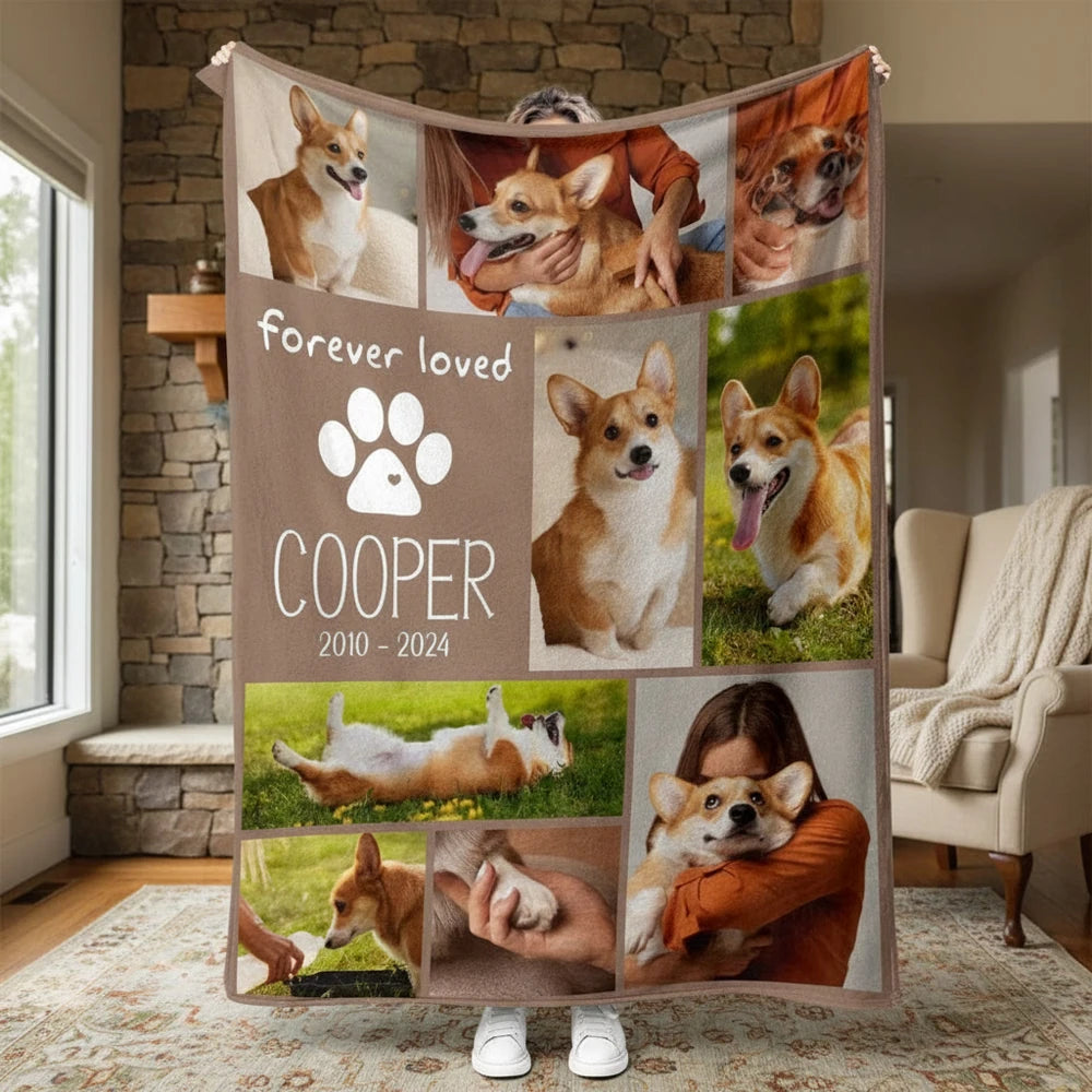 Custom Photo Upload Blanket with Forever Loved Paw Print Collage product photo