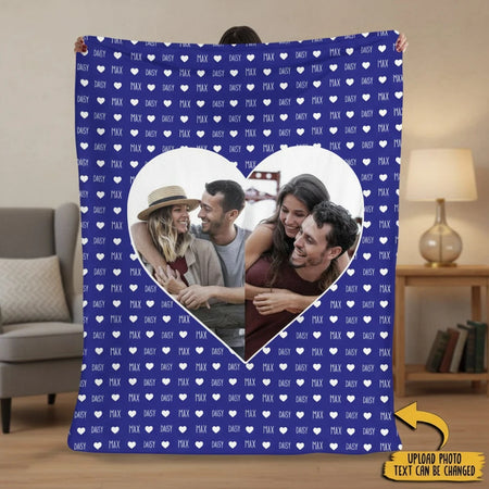 Custom Photo Upload Blanket with Heart Frame and Names Pattern product photo