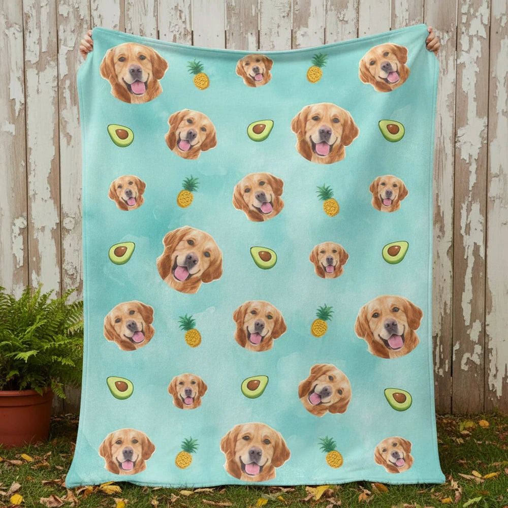 Custom Photo Upload Blanket with Dog Faces Pineapples & Avocados product photo