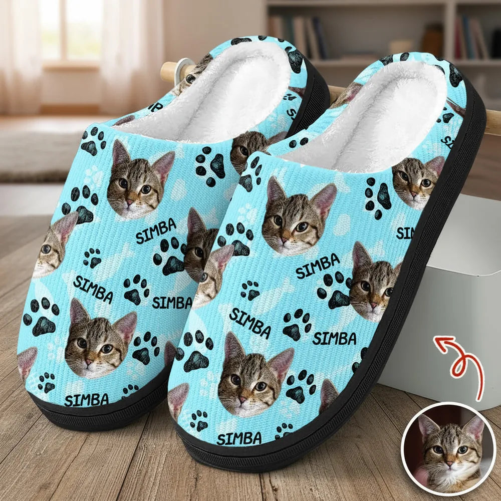 Custom Photo Upload Slippers with Cat Face & Paw Prints product photo