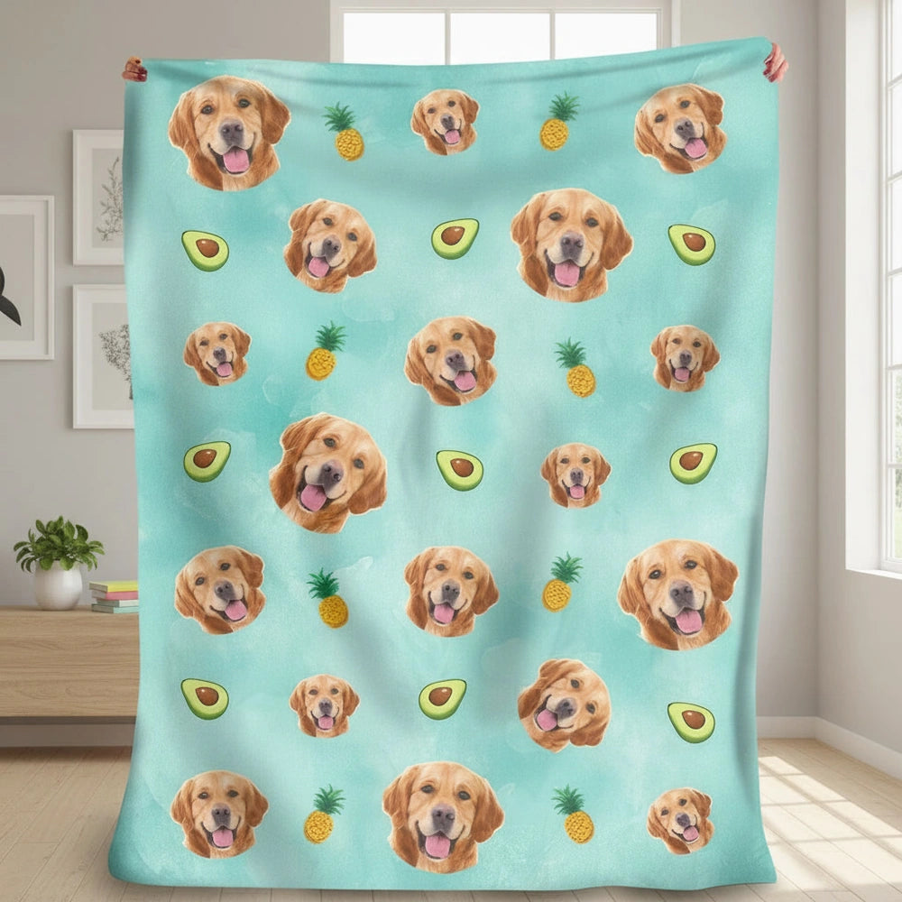 Custom Photo Upload Blanket with Dog Faces Pineapples & Avocados product photo
