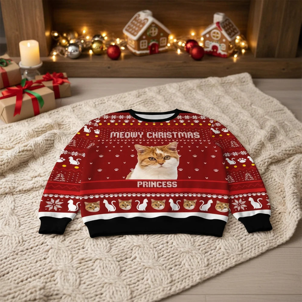 Custom Photo Upload Meowy Christmas Sweater with Cat Pattern product photo