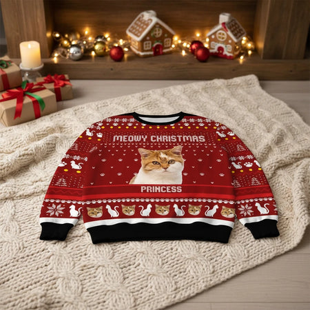 Custom Photo Upload Meowy Christmas Sweater with Cat Pattern product photo