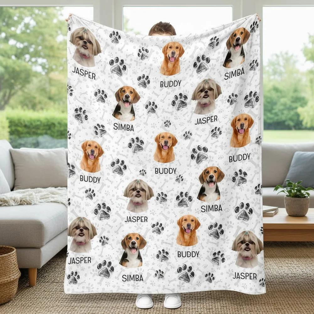 Custom Personalized Photo Upload Blanket with Dog Portraits & Paw Prints product photo