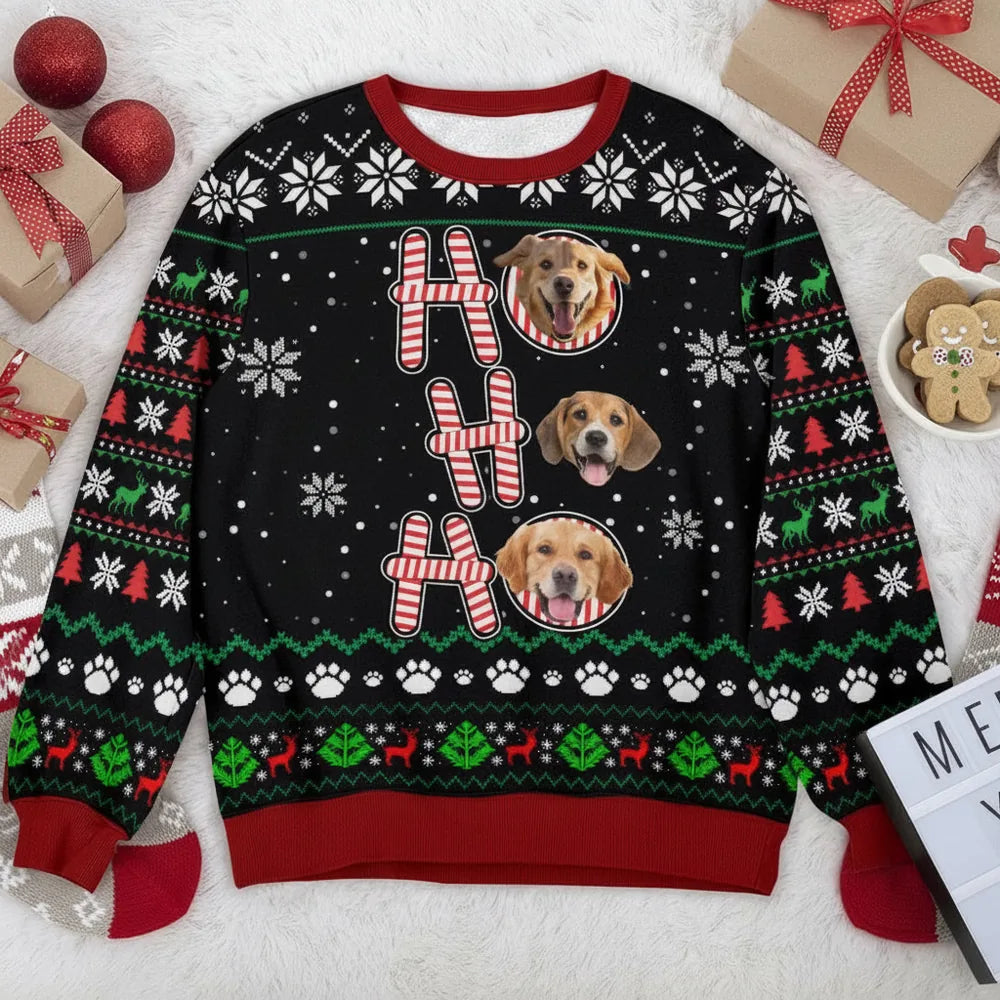 Custom Photo Upload Christmas Sweater with Ho Ho Ho and Snowflakes product photo
