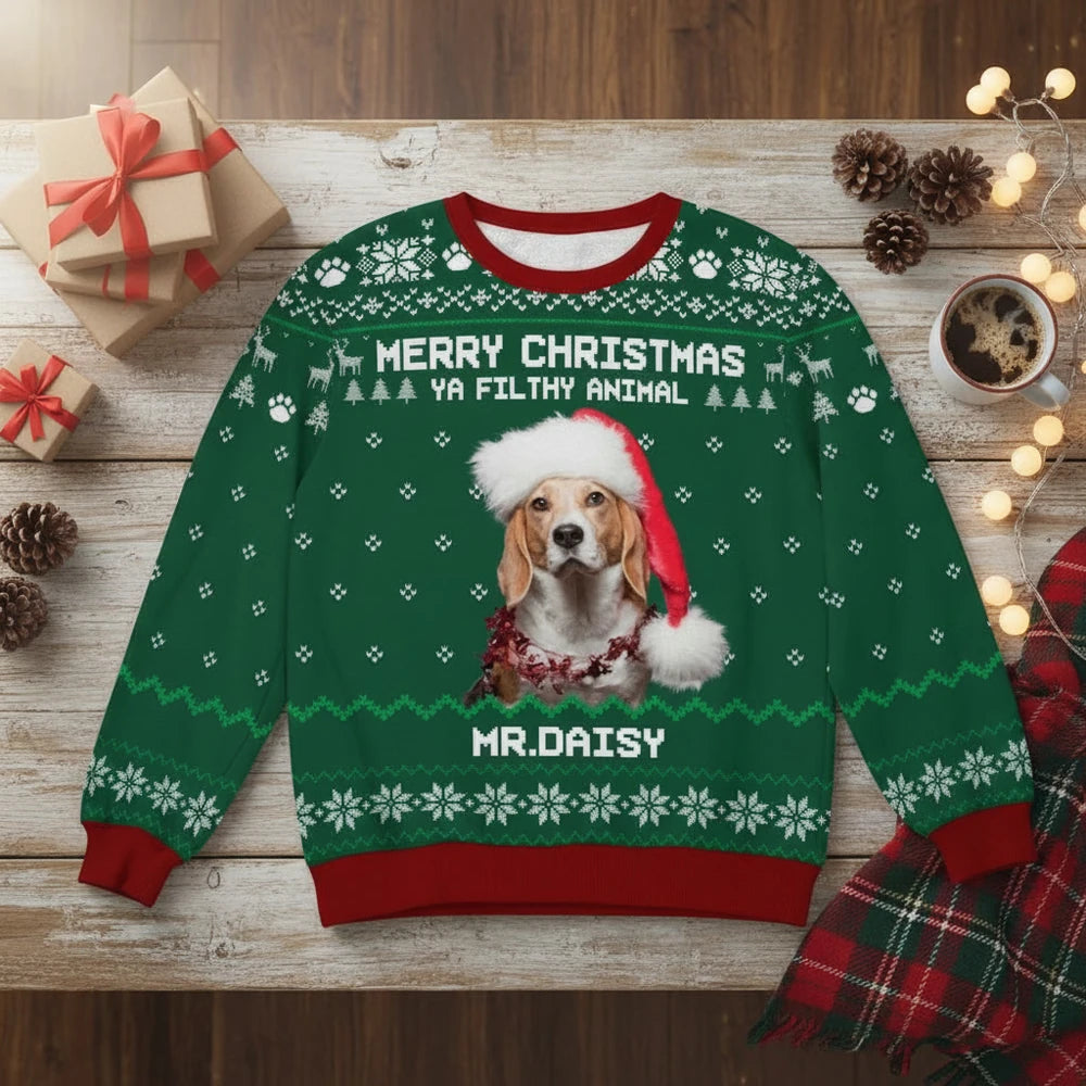 Custom Photo Upload Sweater with Merry Christmas Ya Filthy Animal product photo