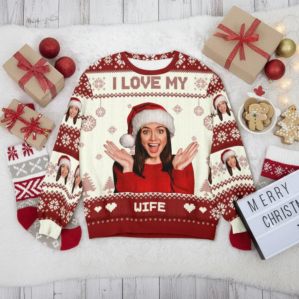 Custom Photo Upload I Love My Wife Sweater with Snowflakes product photo