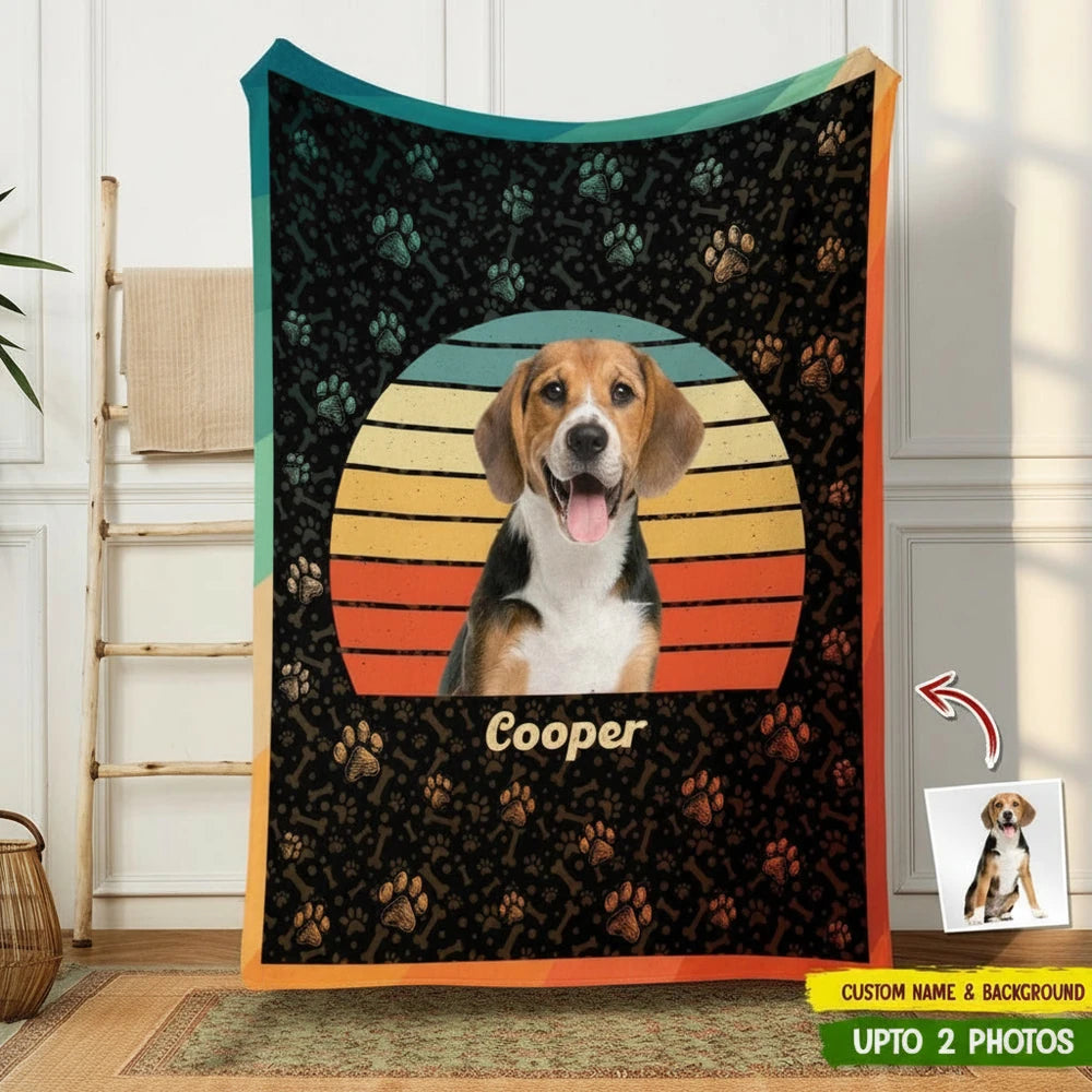 Custom Photo Upload Blanket with Paw Prints & Retro Sunset product photo