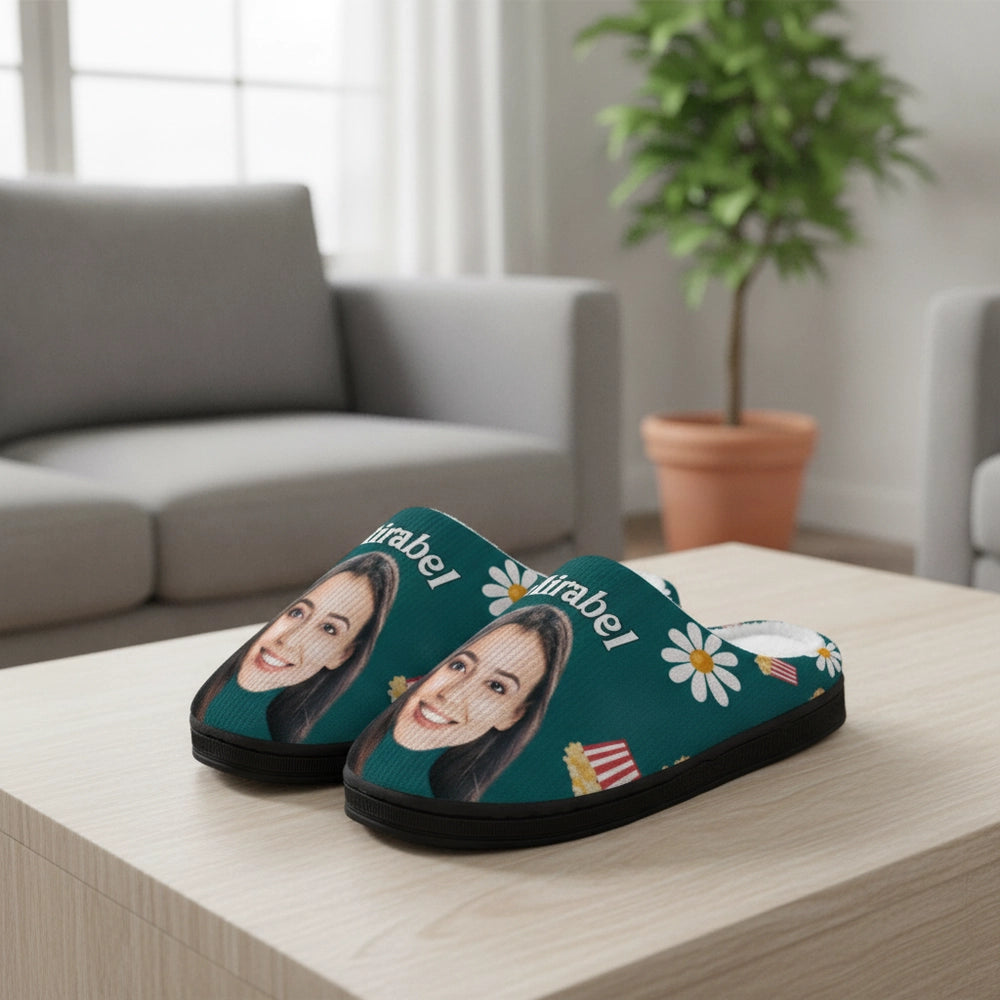 Custom Photo Upload Slippers with Daisies & Popcorn product photo