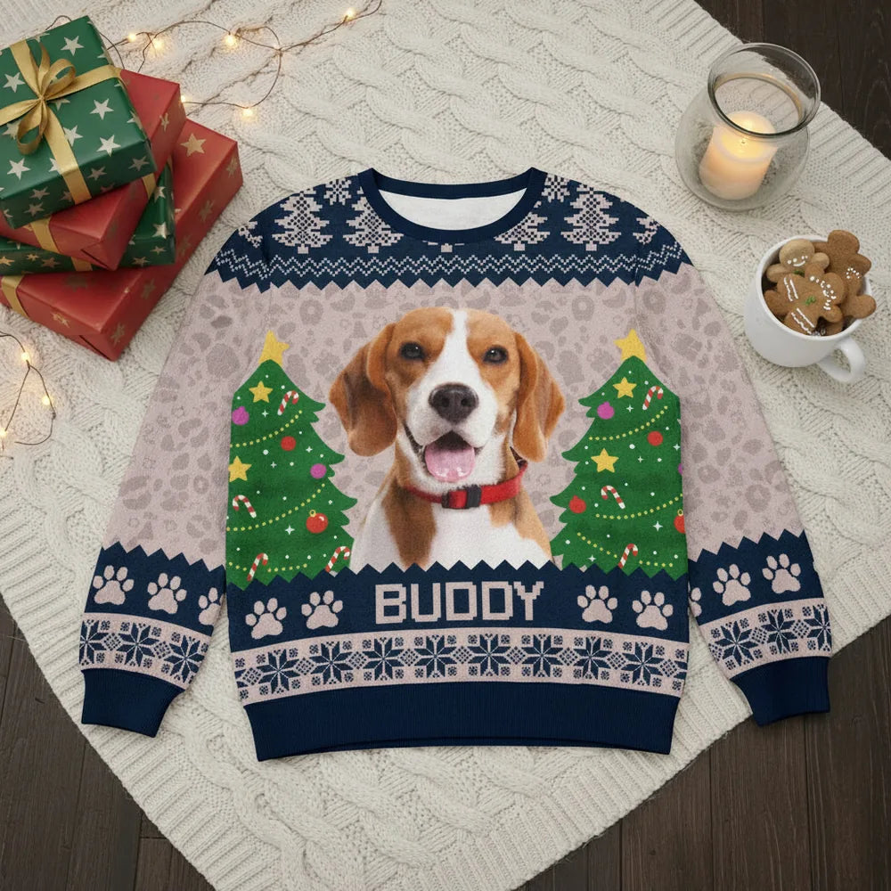 Custom Photo Upload Sweater with Beagle and Christmas Trees product photo