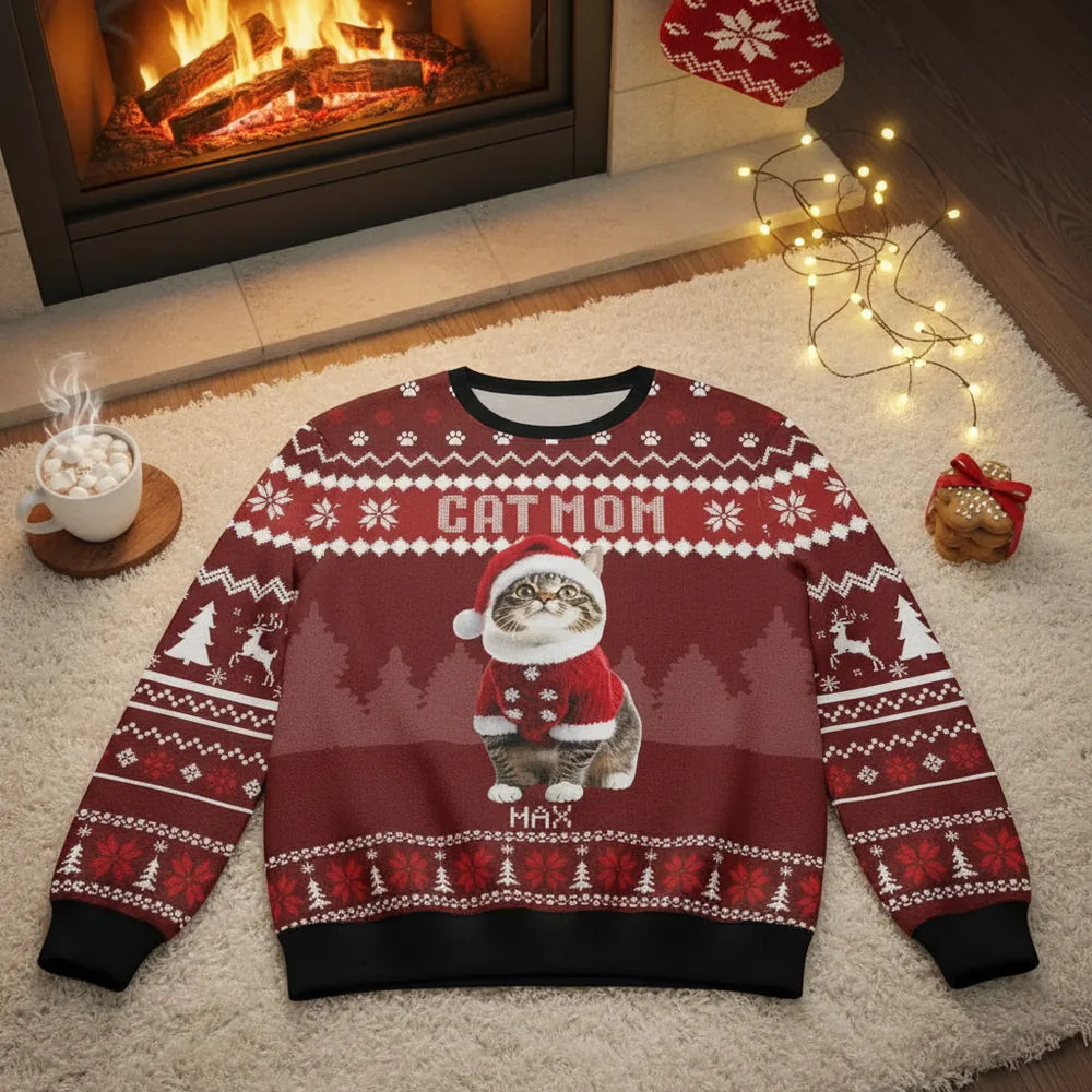 Custom Photo Upload Cat Mom Ugly Christmas Sweater with Santa Cat product photo