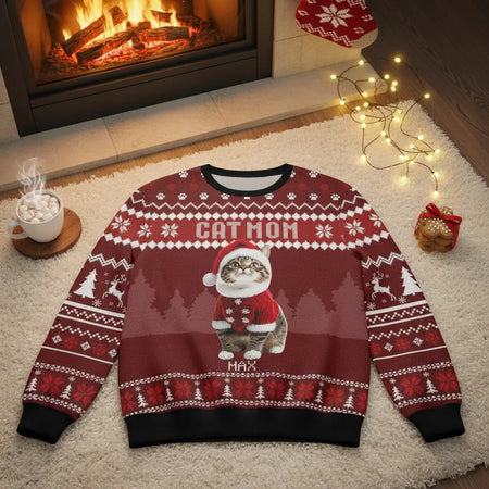 Custom Photo Upload Cat Mom Ugly Christmas Sweater with Santa Cat product photo