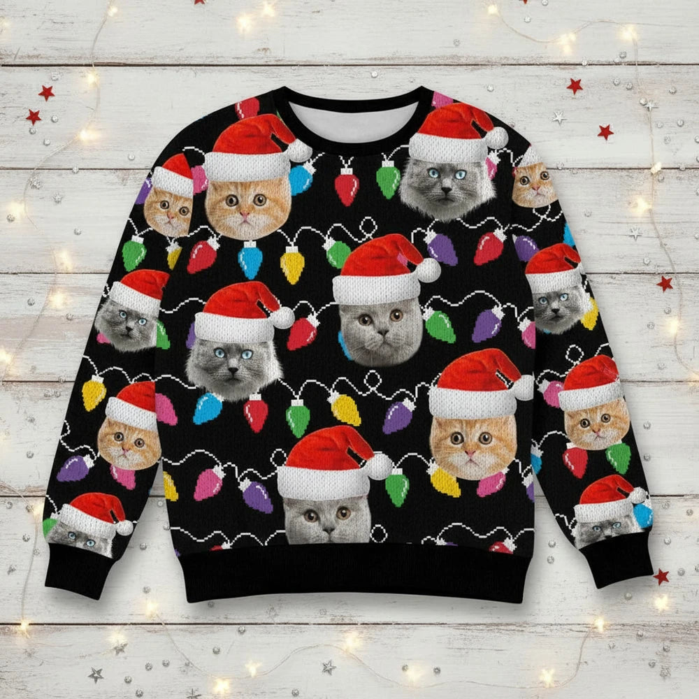 Custom Photo Upload Sweater with Cats in Santa Hats & Christmas Lights product photo
