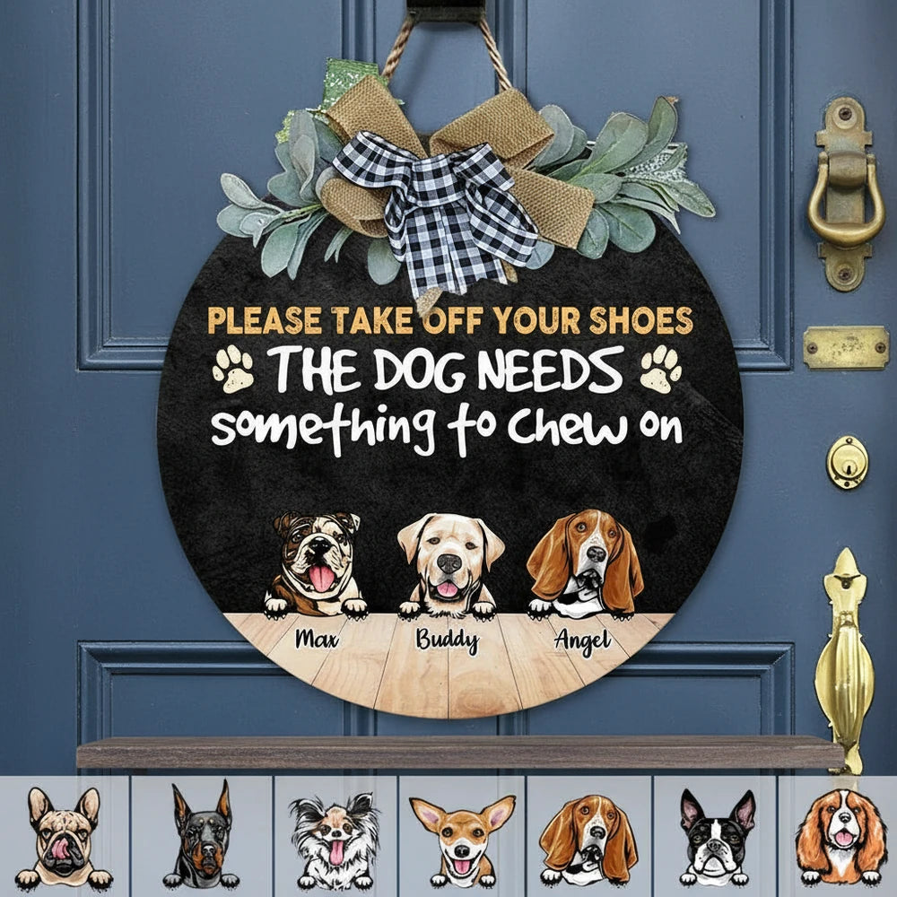 Custom Personalized Dog Door Sign with Take Off Your Shoes Text product photo