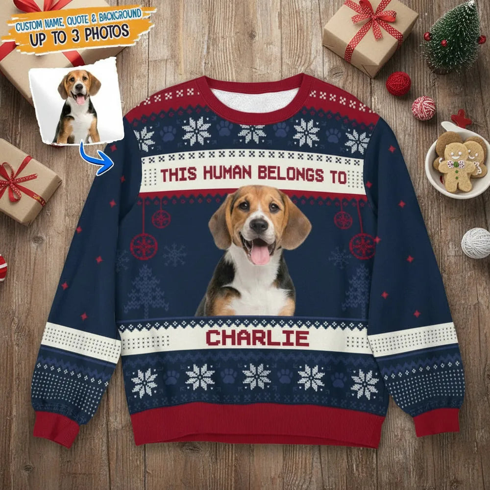 Custom Photo Upload This Human Belongs To Ugly Christmas Sweater product photo