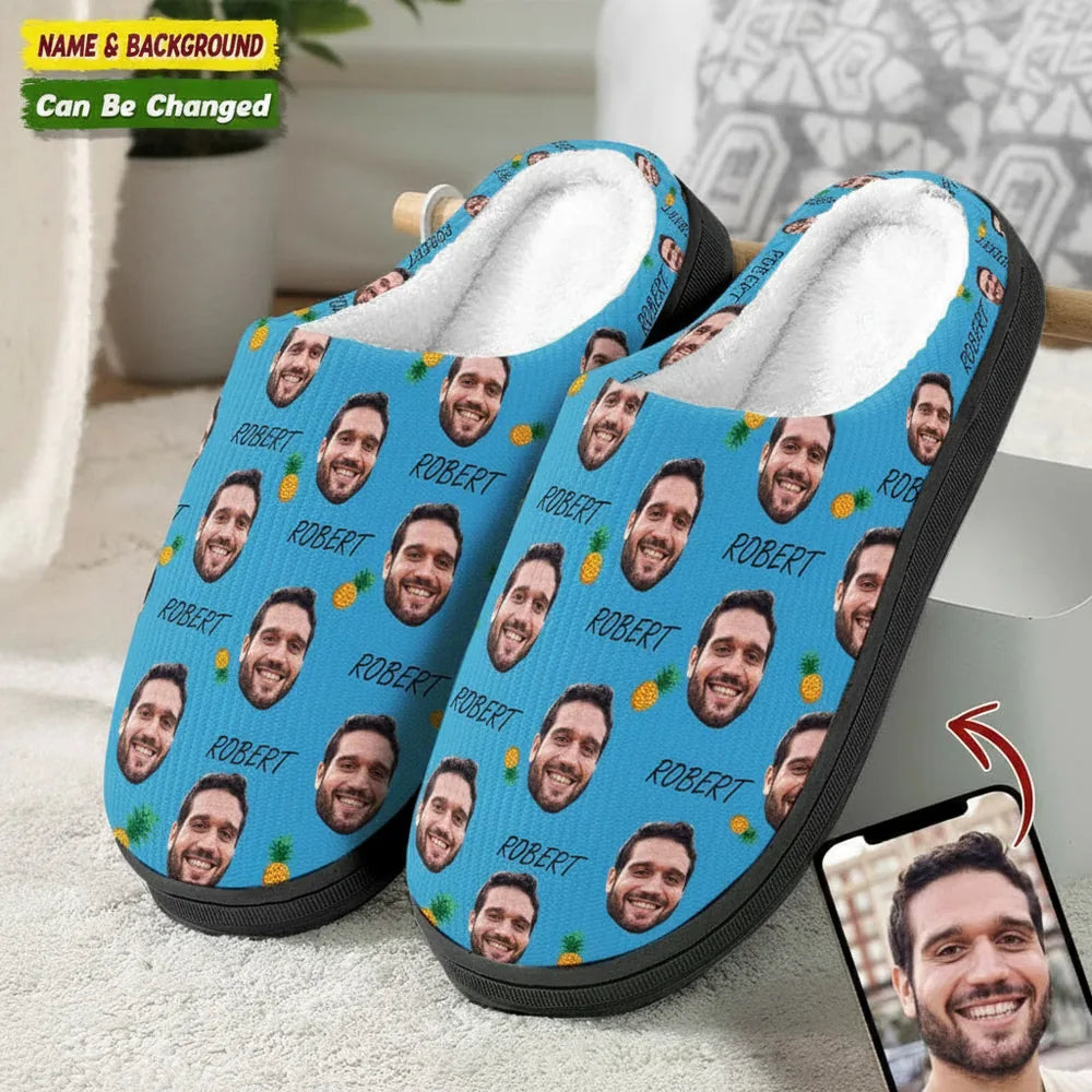 Custom Photo Upload Slippers with Pineapple Pattern on Blue product photo