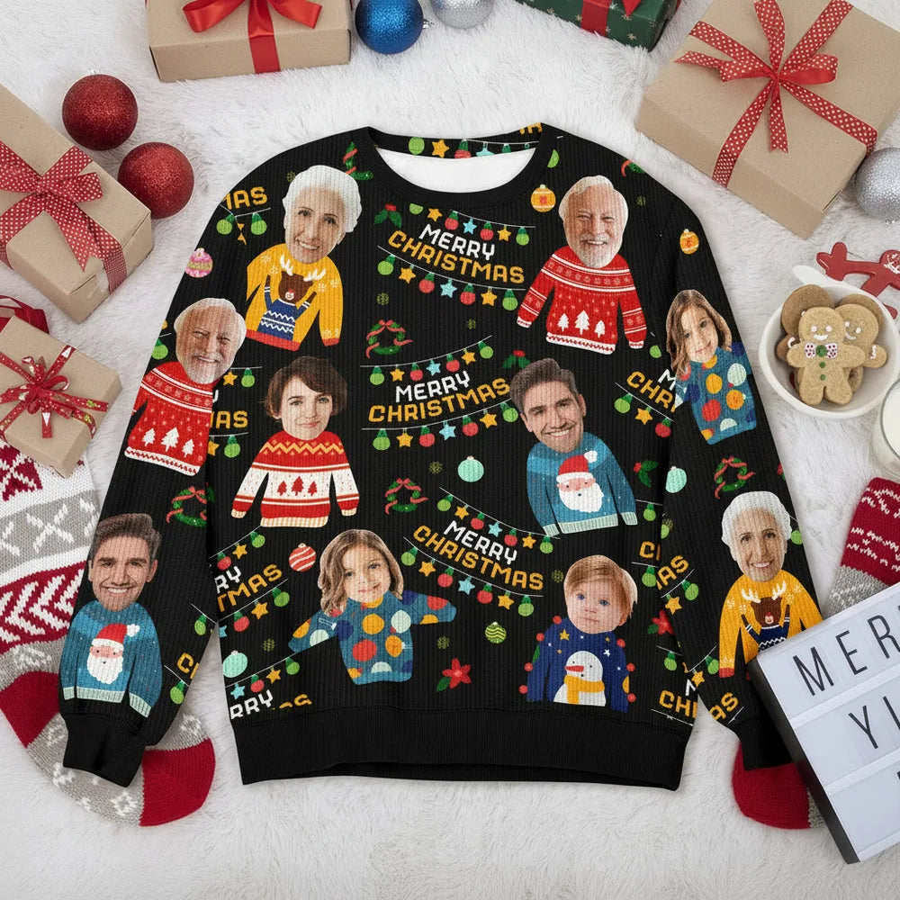 Custom Photo Upload Merry Christmas Sweater with Holiday Lights product photo