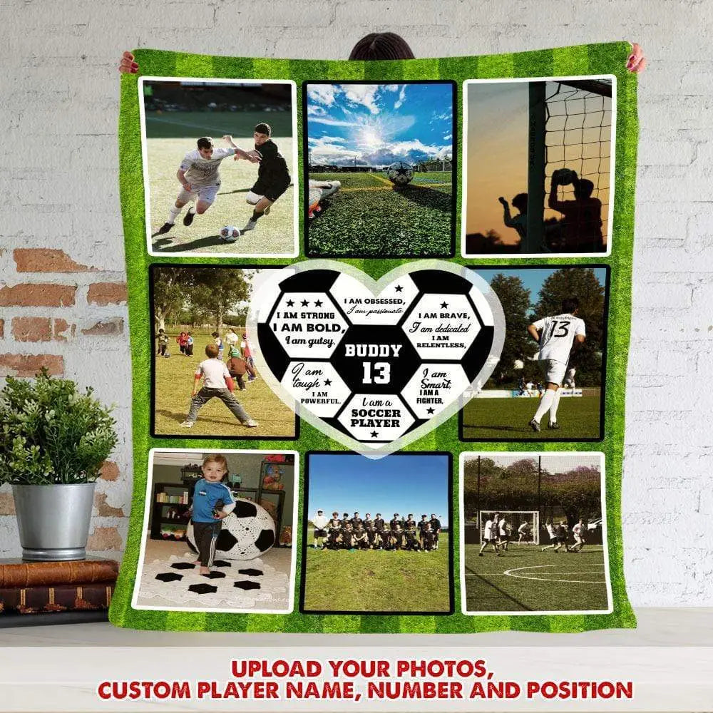 Custom Photo Upload Blanket with Soccer Ball Heart and Green Field product photo