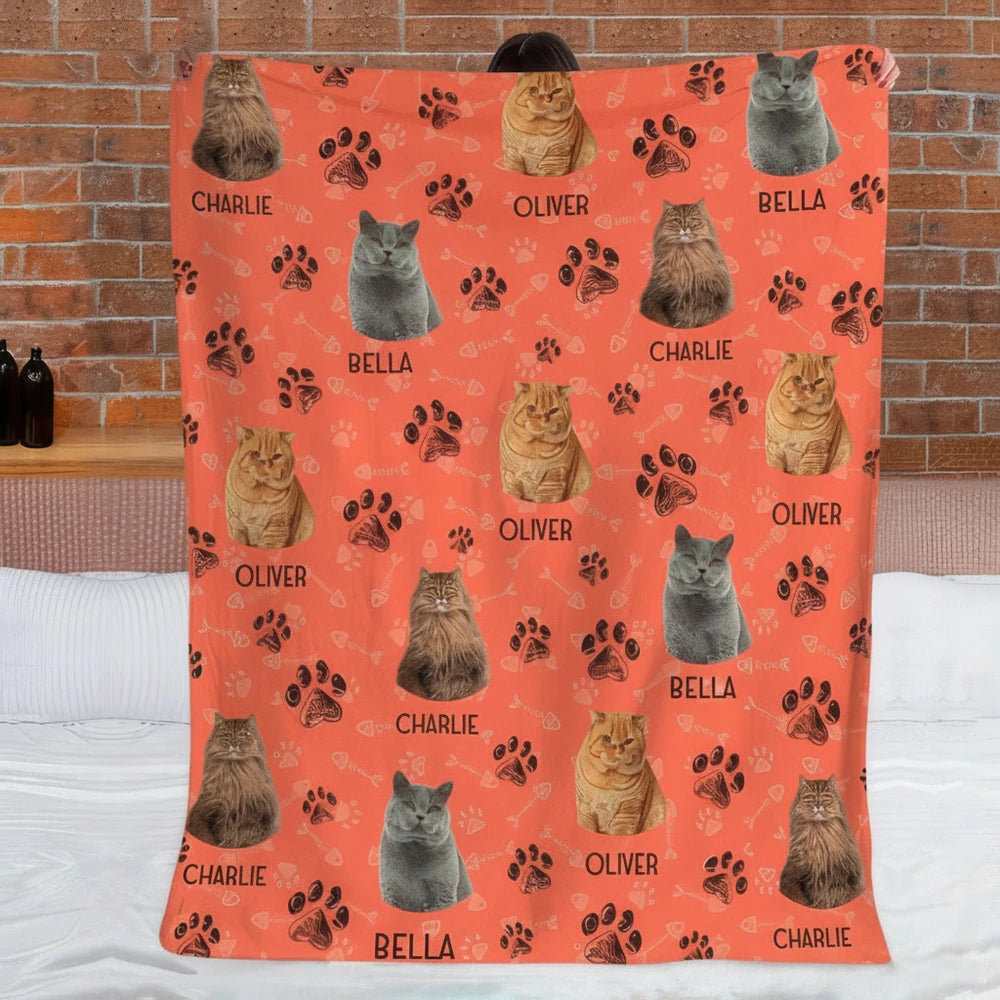 Custom Personalized Photo Upload Blanket with Dog Portraits & Paw Prints product photo