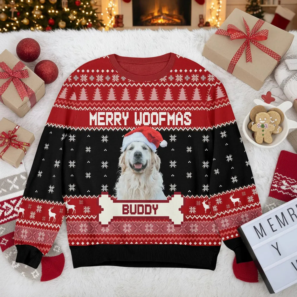 Custom Photo Upload Merry Woofmas Ugly Christmas Sweater with Snowflakes product photo