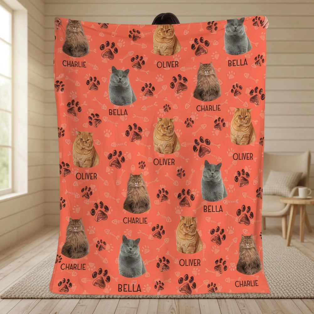 Custom Photo Upload Blanket with Dog Faces & Paw Prints product photo