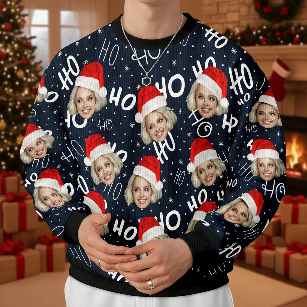 Custom Photo Upload Sweater with Santa Hats and Ho Ho Ho Text product photo