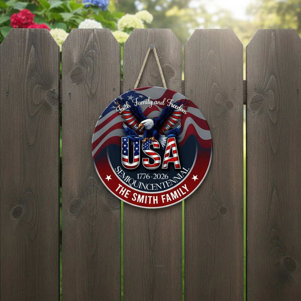 Custom Personalized Door Sign with Eagle & Faith Family Freedom product photo