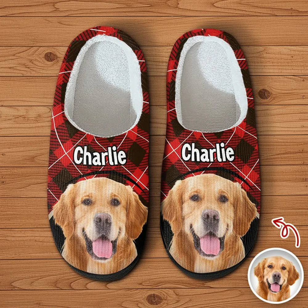 Custom Photo Upload Slippers with Red Plaid Pattern product photo