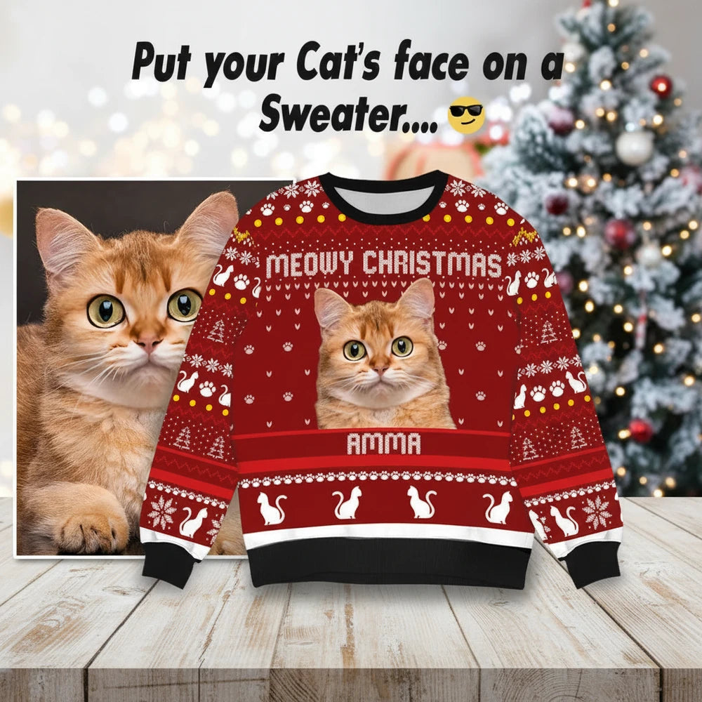Custom Photo Upload Meowy Christmas Sweater with Cat Pattern product photo