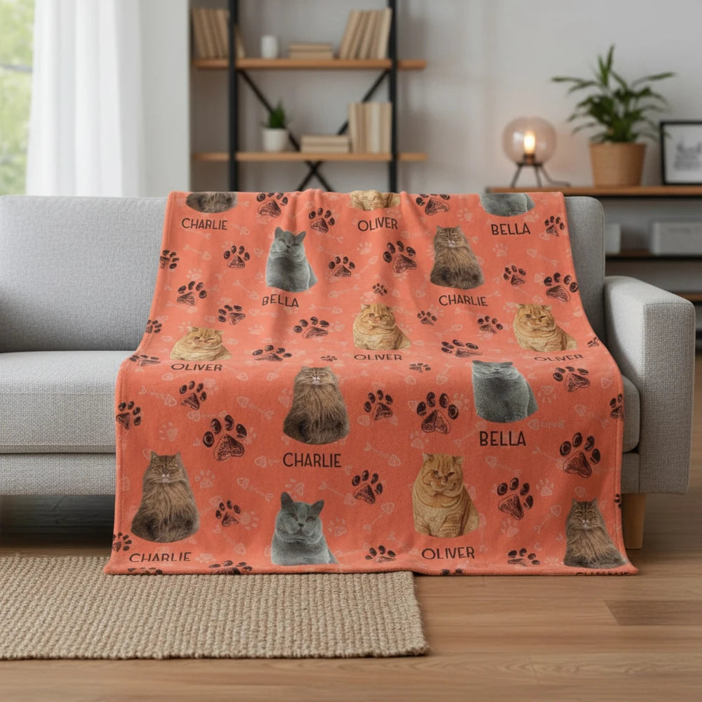 Custom Photo Upload Blanket with Dog Portraits & Paw Prints product photo