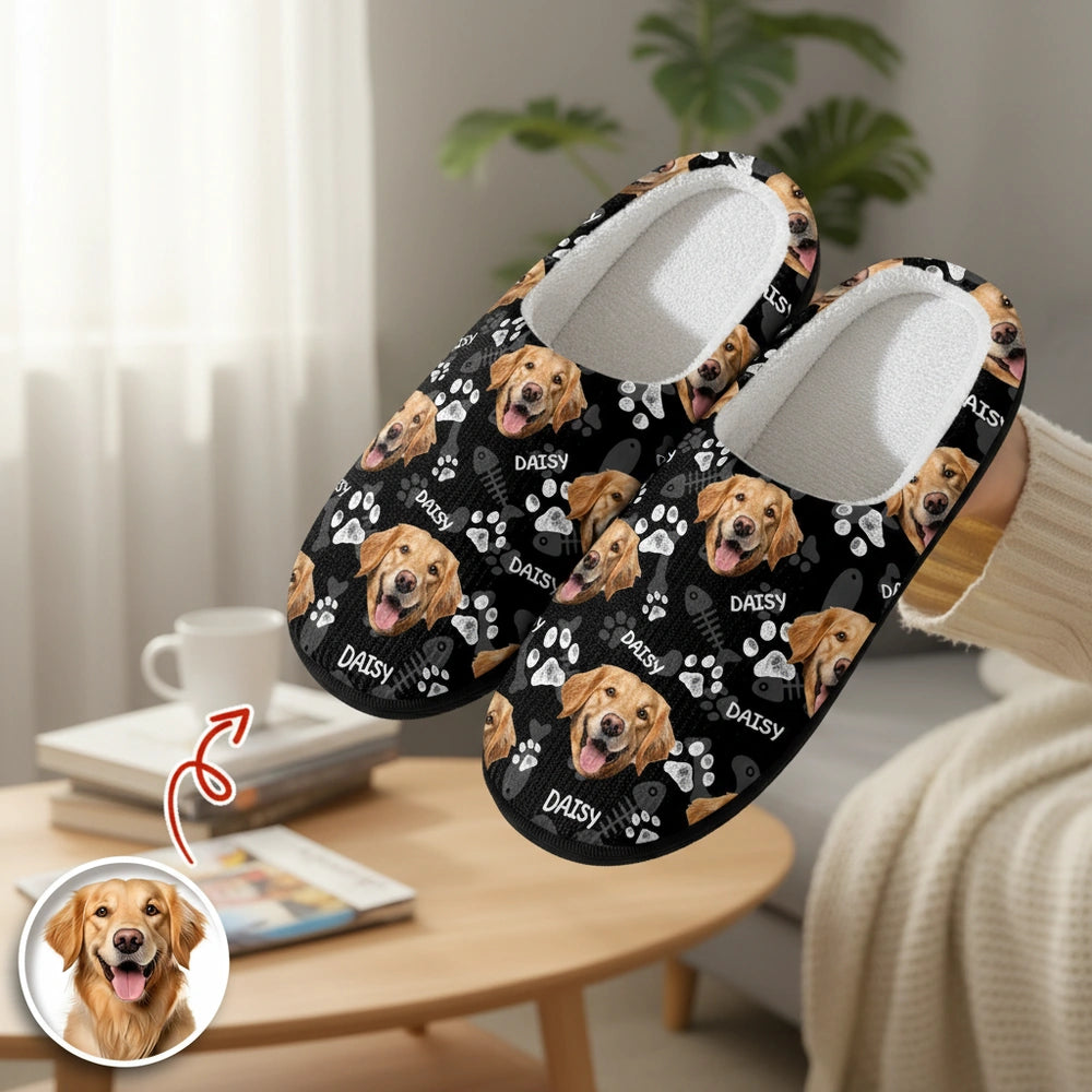 Custom Photo Upload Slippers with Dog Faces and Paw Prints product photo