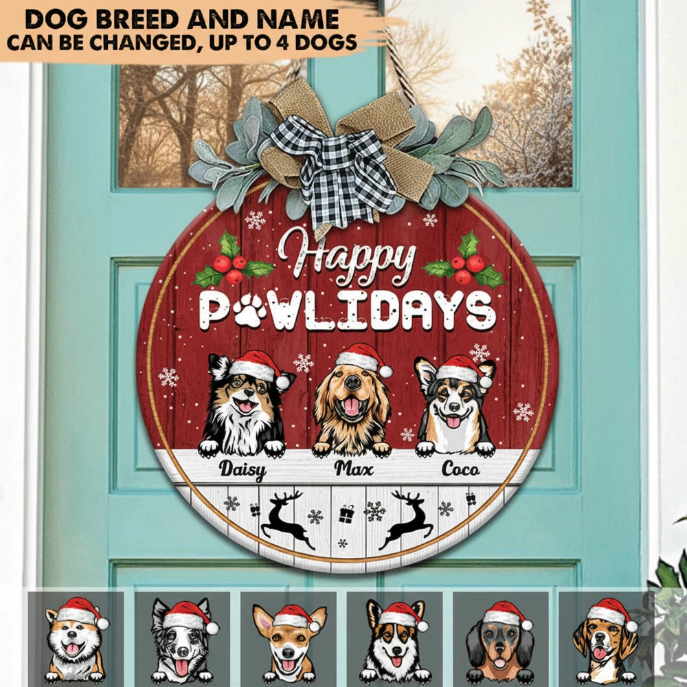 Custom Personalized Door Sign with Happy Pawlidays Christmas Dogs product photo