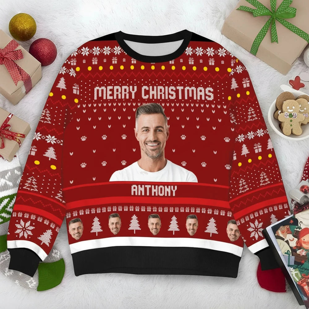 Custom Photo Upload Merry Christmas Sweater with Festive Pattern product photo