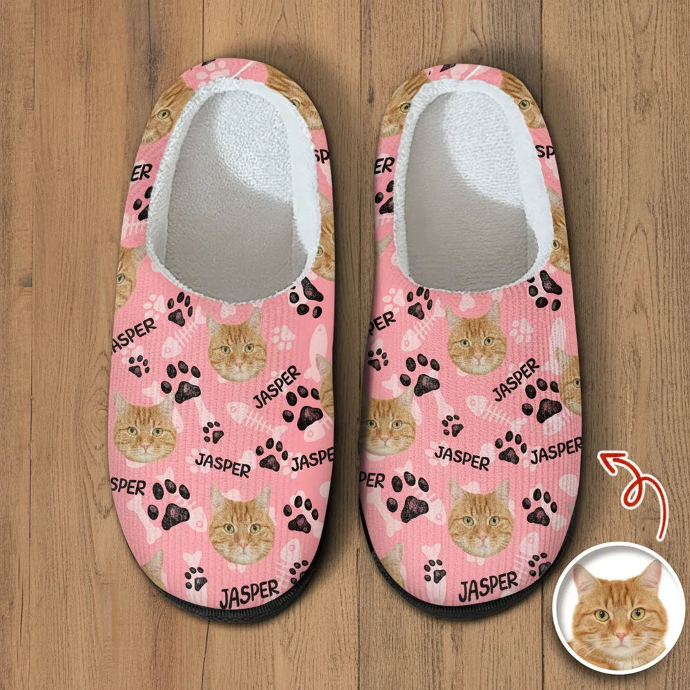 Custom Photo Upload Slippers with Cat Face & Paw Prints product photo