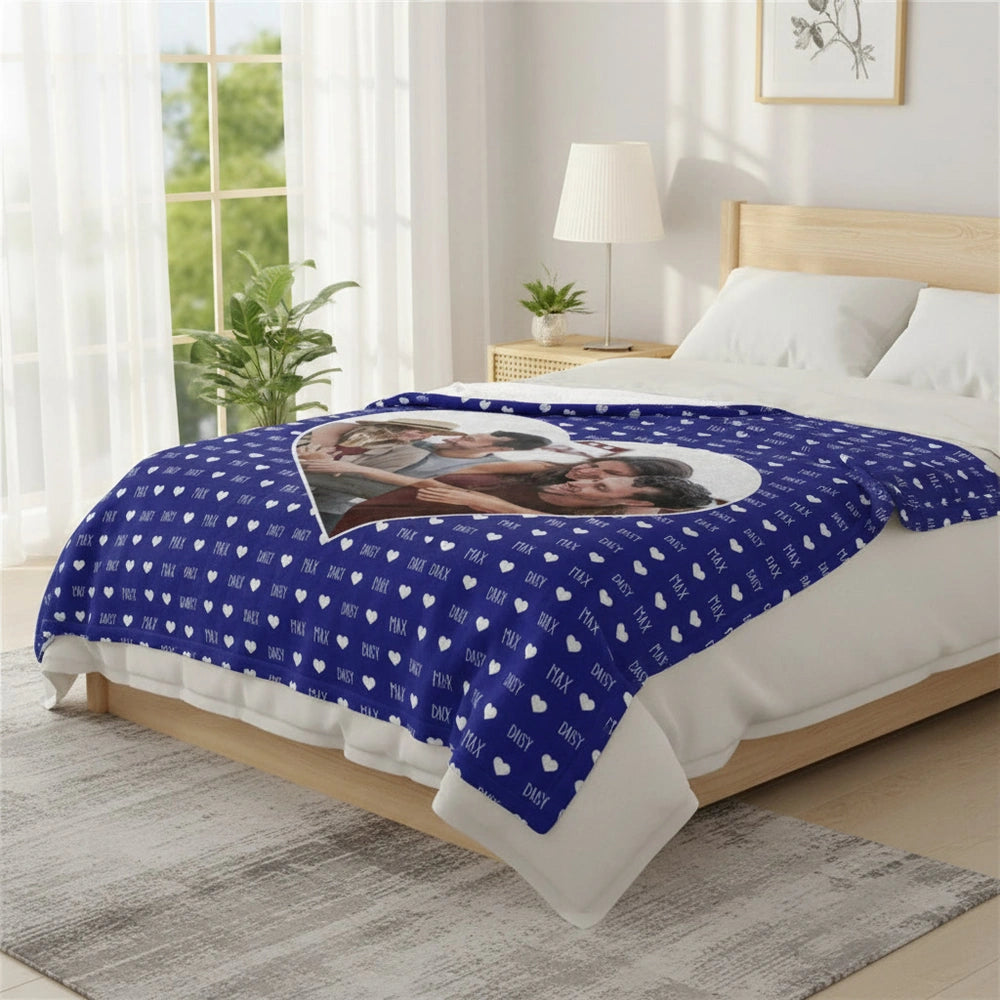 Custom Photo Upload Blanket with Heart Frame and Names Pattern product photo