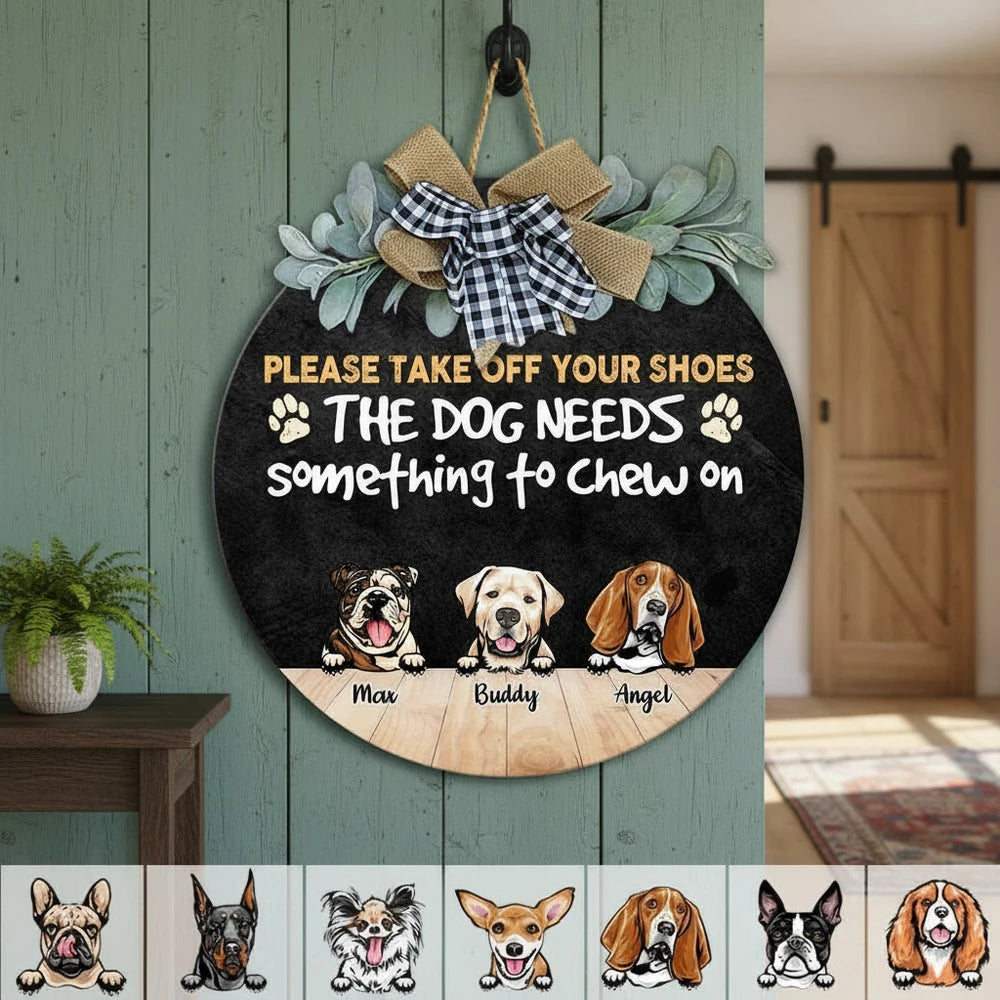 Custom Personalized Dog Door Sign with Take Off Your Shoes Text product photo