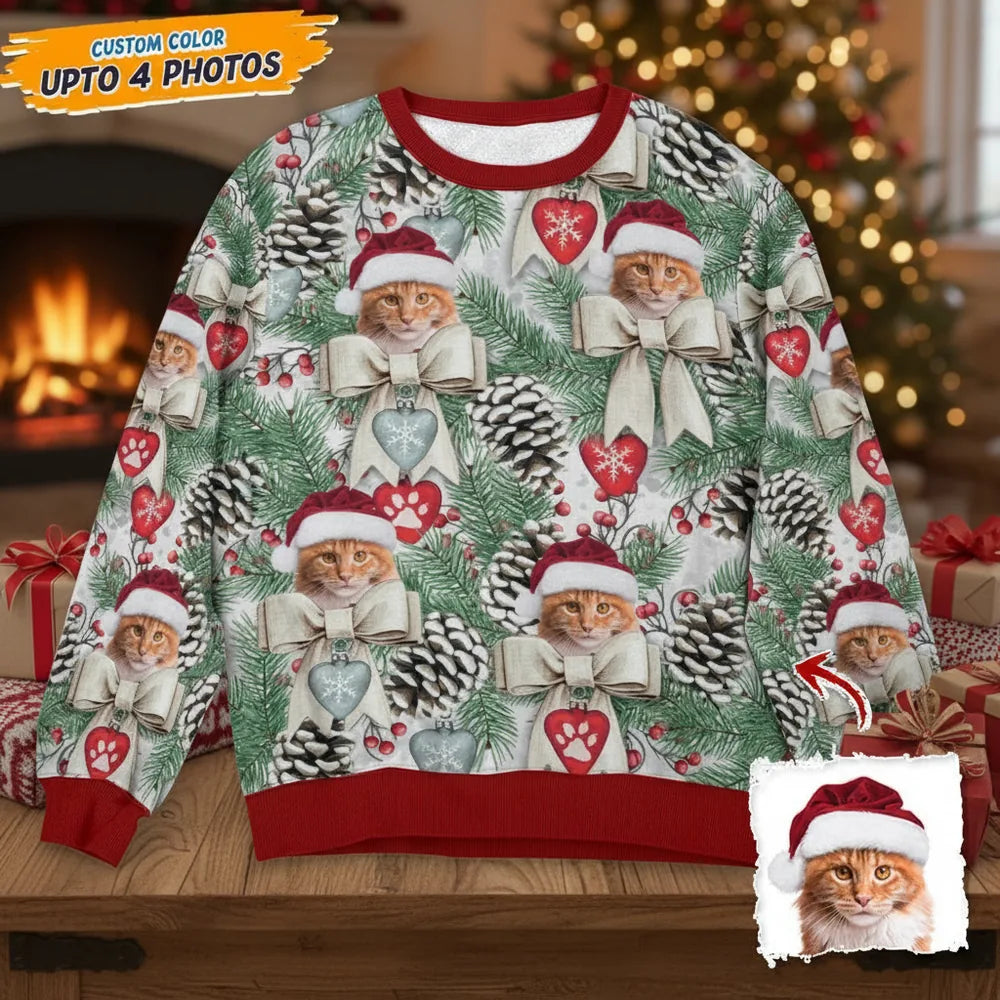 Custom Photo Upload Christmas Cat Sweater with Pinecones & Ornaments product photo