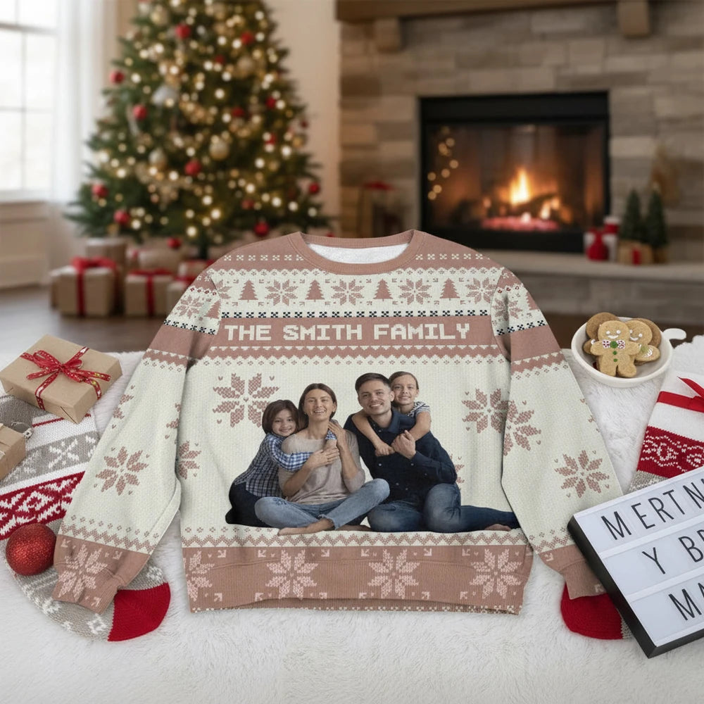 Custom Photo Upload Ugly Christmas Sweater with Snowflakes & Trees product photo