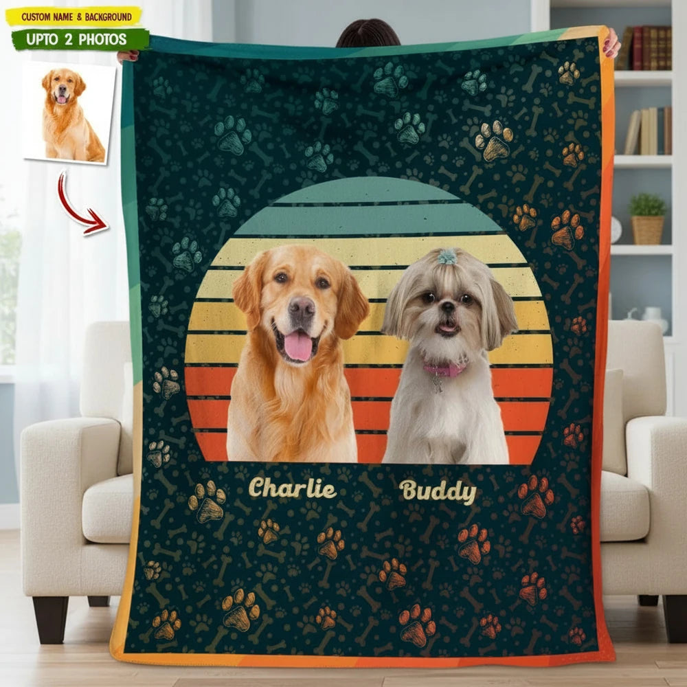 Custom Photo Upload Blanket with Paw Prints & Retro Sunset product photo