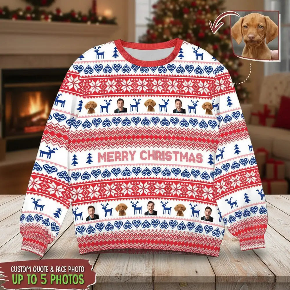 Custom Photo Upload Sweater with Merry Christmas Fair Isle Pattern product photo