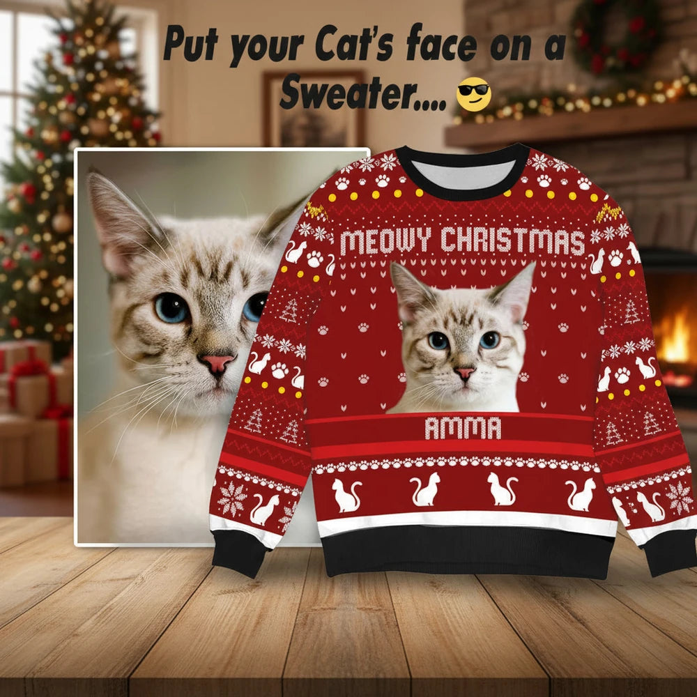 Custom Photo Upload Meowy Christmas Sweater with Cat Pattern product photo