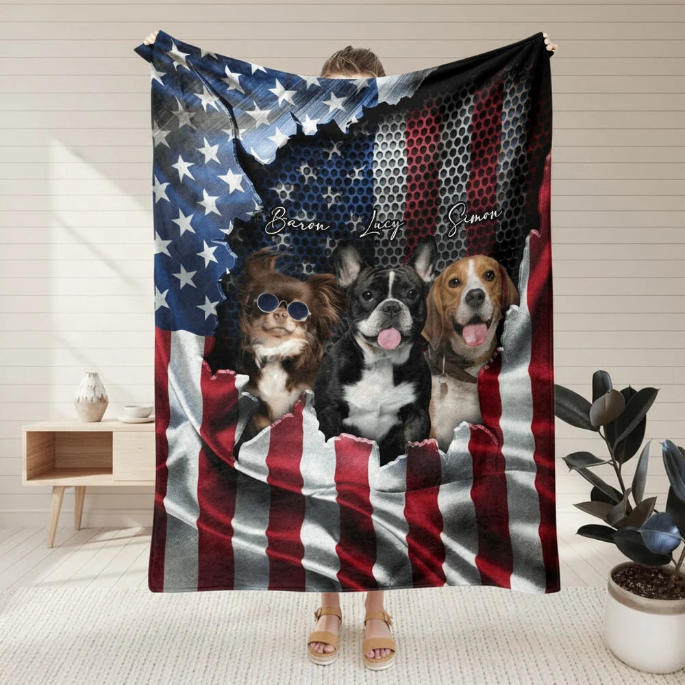 Custom Photo Upload Blanket with American Flag & Hexagon Pattern product photo