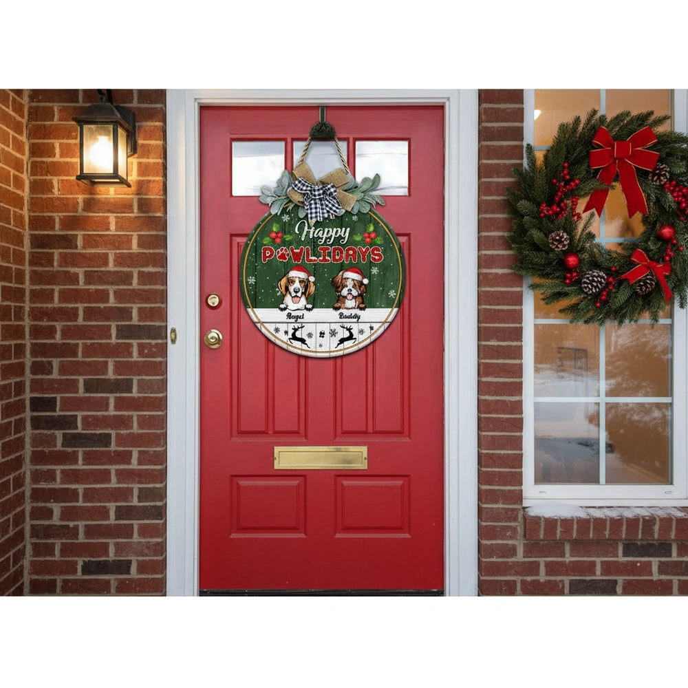 Custom Personalized Door Sign with Happy Pawlidays Christmas Dogs product photo