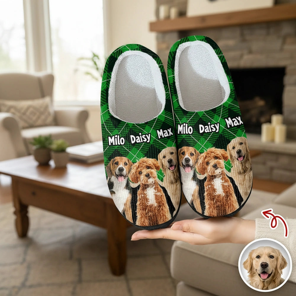 Custom Photo Upload Slippers with Red Plaid Pattern product photo