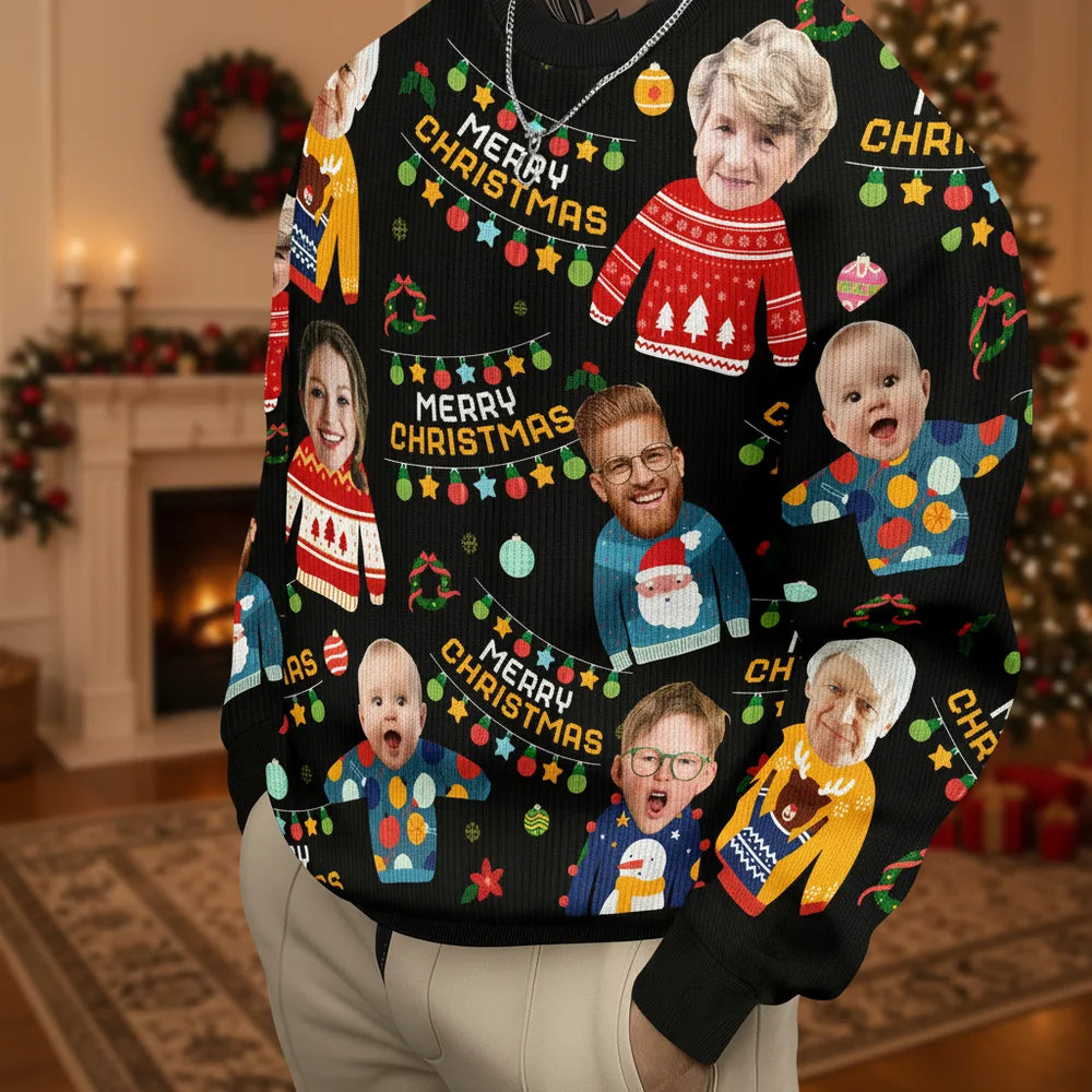 Custom Photo Upload Merry Christmas Sweater with Holiday Lights product photo