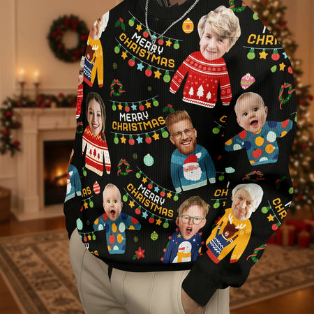 Custom Photo Upload Merry Christmas Sweater with Holiday Lights product photo