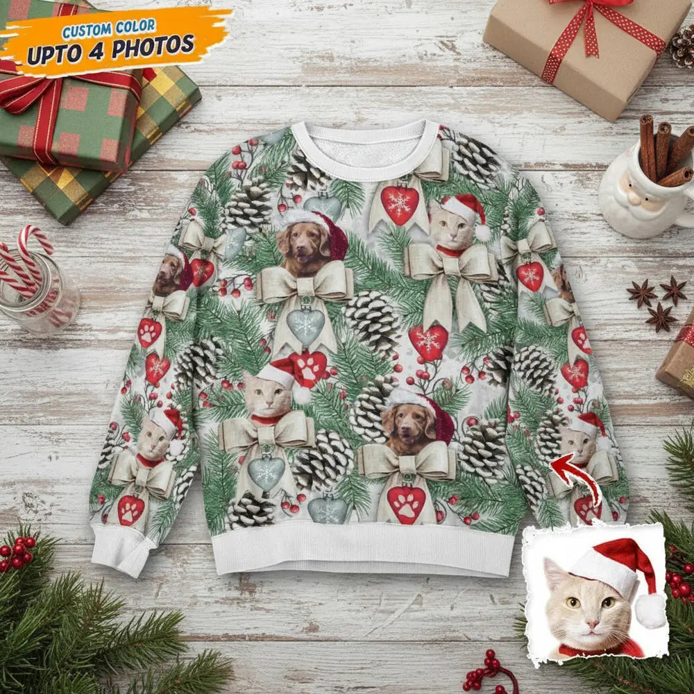 Custom Photo Upload Christmas Cat Sweater with Pinecones & Ornaments product photo