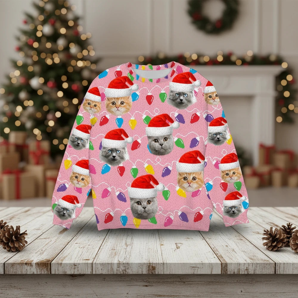 Custom Photo Upload Sweater with Cats in Santa Hats & Christmas Lights product photo