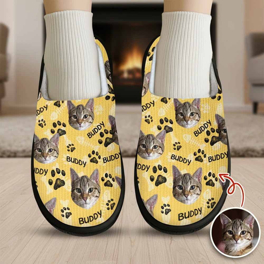 Custom Photo Upload Slippers with Cat Face & Paw Prints product photo