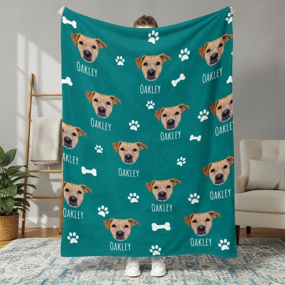 Custom Photo Upload Blanket with Dog Faces and Paw Prints product photo